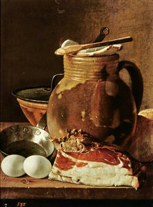Natura morta con prosciutto, uova, pane, padella e brocca